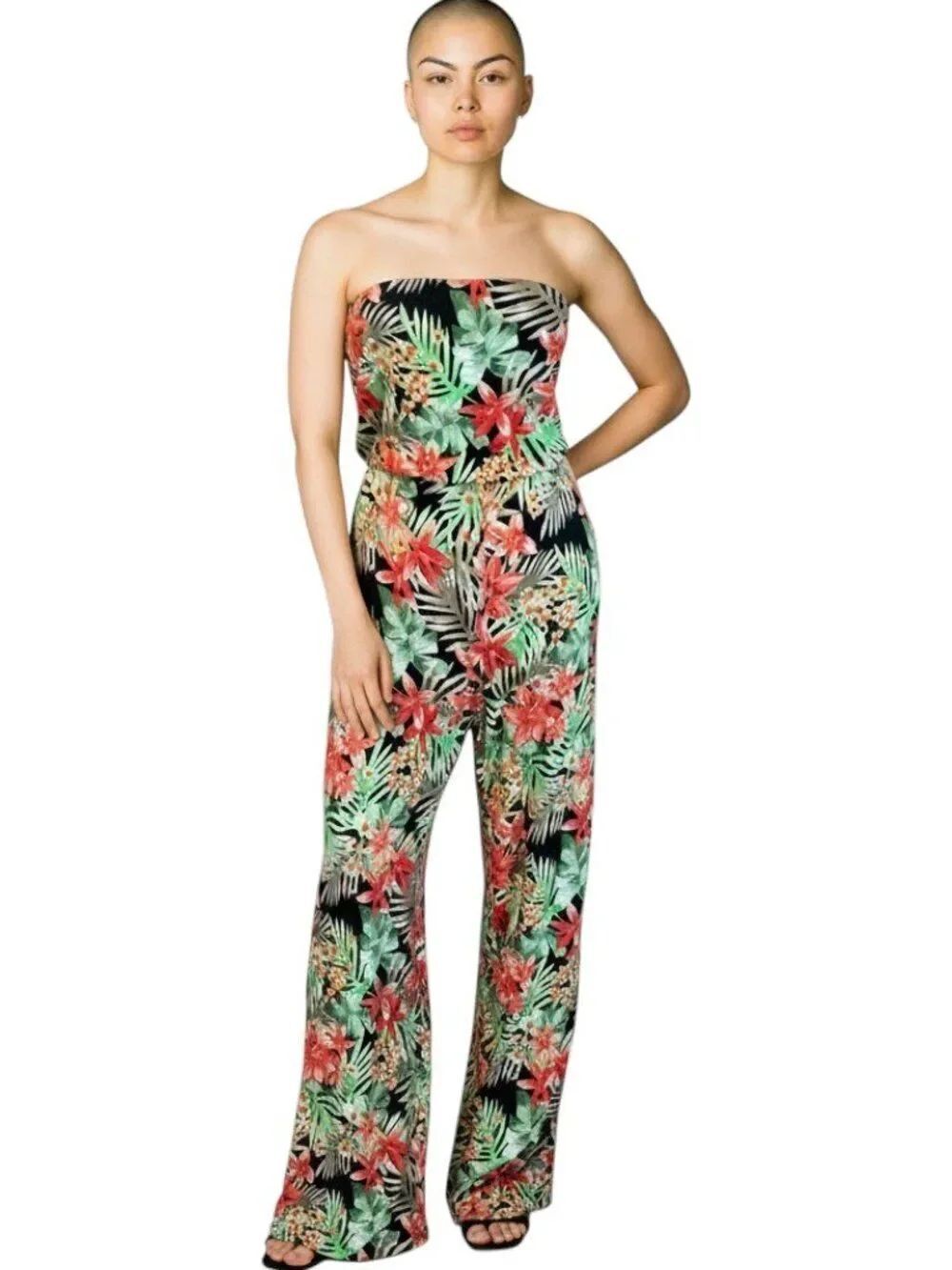 Iris Los Angeles Strapless Boho Tropical Floral Wide Leg Jumpsuit Black Green S